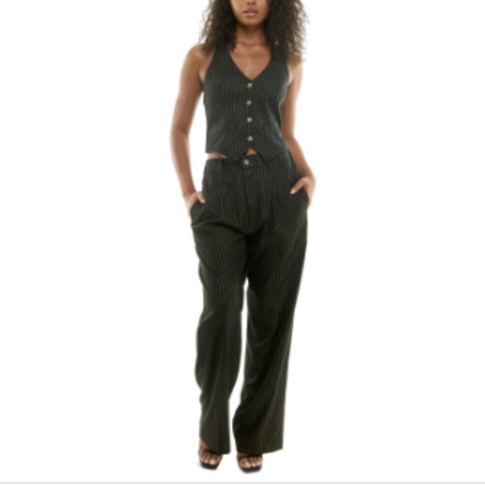 Alex & Sophia Women's Striped Wide-Leg Pleated Pants - Black/gold